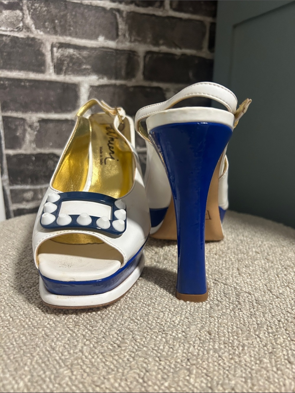 Pollini White and Blue Peep-Toe Platform Heels